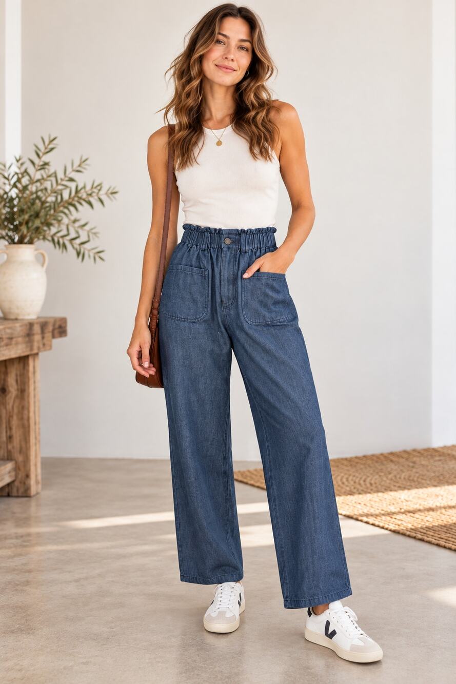 Emerson Fry Hemp Organic Cotton Paperbag Waist Wide Leg Jeans Dark Wash Size S